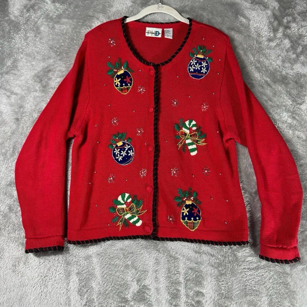 Vtg 90s Paul‎ Harris Design Christmas Sweater Womens L Red Cardigan Ornament